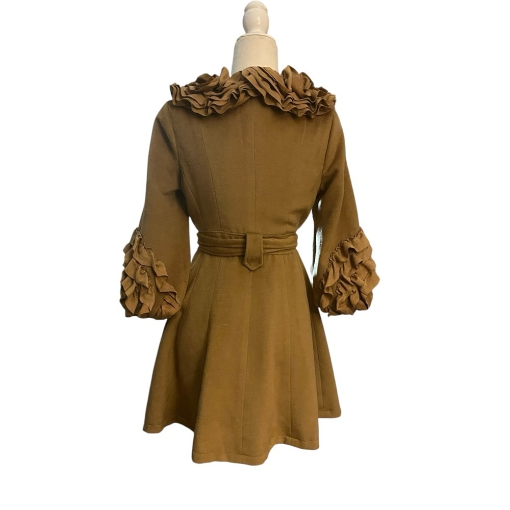 Ryu Brown Rosette Ruffle Collar Trench Coat Size Small - Picture 3 of 9